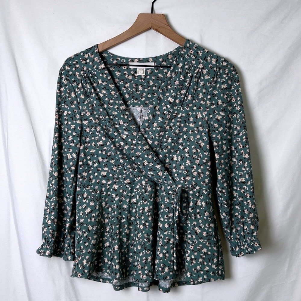 Monteau Womens Wrap Top Green Floral Size L Peplum Ruffle Cottagecore Romantic